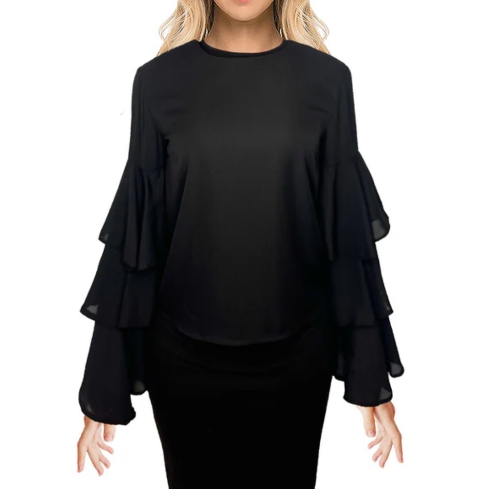 California Moonrise Women’s Black Sheer Layer Blouse Top Statement Sleeve Medium